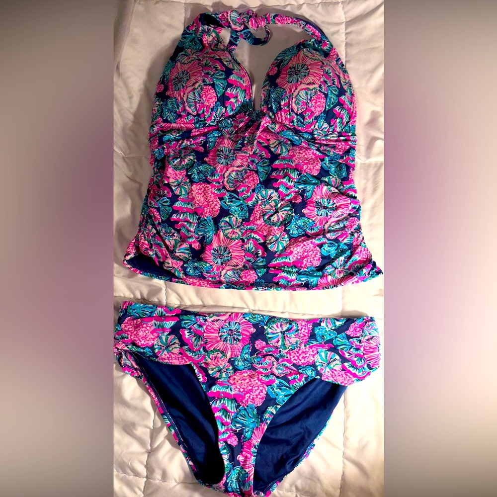 Lilly Pulitzer Pink and Navy Tankini in Oyster Bay Navy Shroom with a View